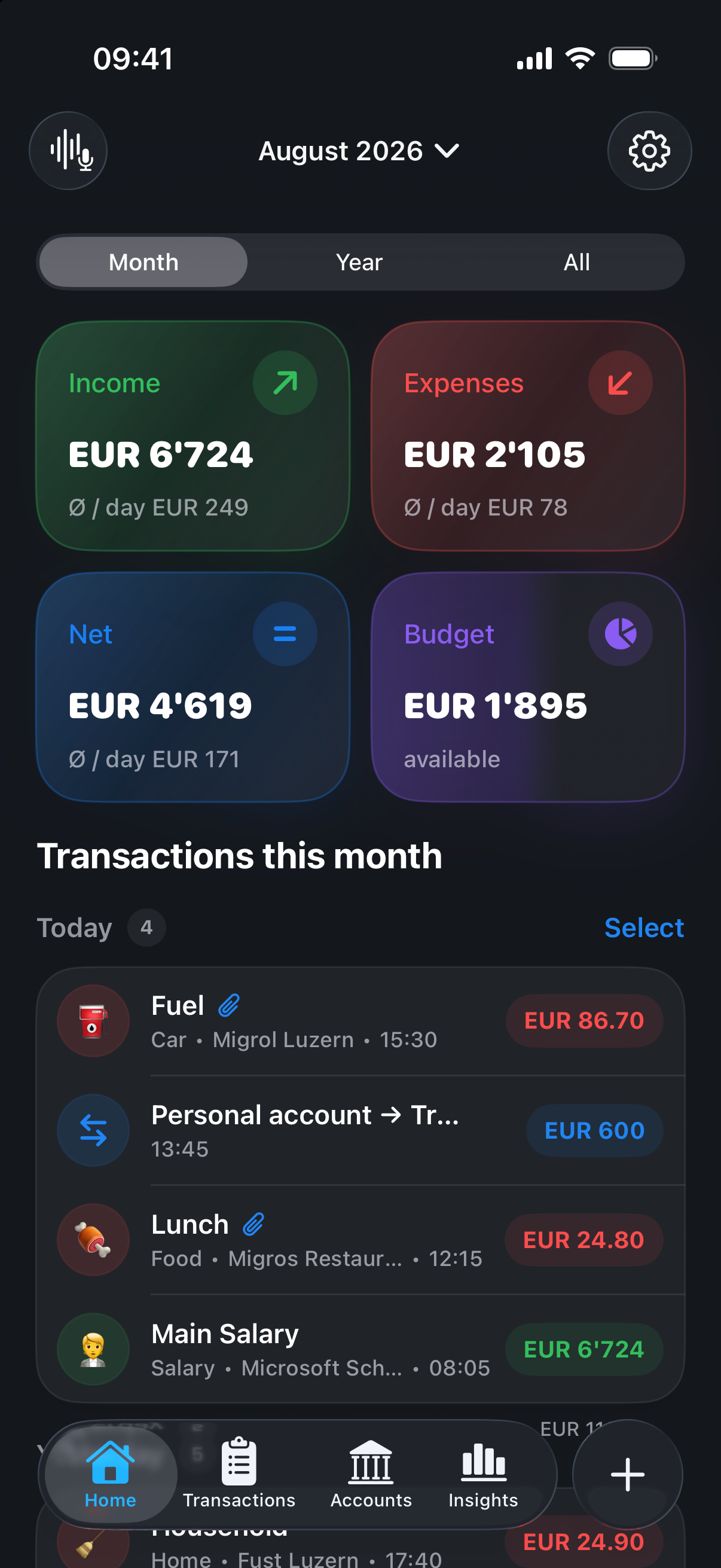 Liqora Home with income, expenses, net total and monthly transactions